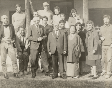 Photograph: Bernard Leach, Shoji Hamada and the Leach Pottery staff, St Ives, c.1960. From the Bernard Leach archive at the Crafts Study Centre, University for the Creative Arts