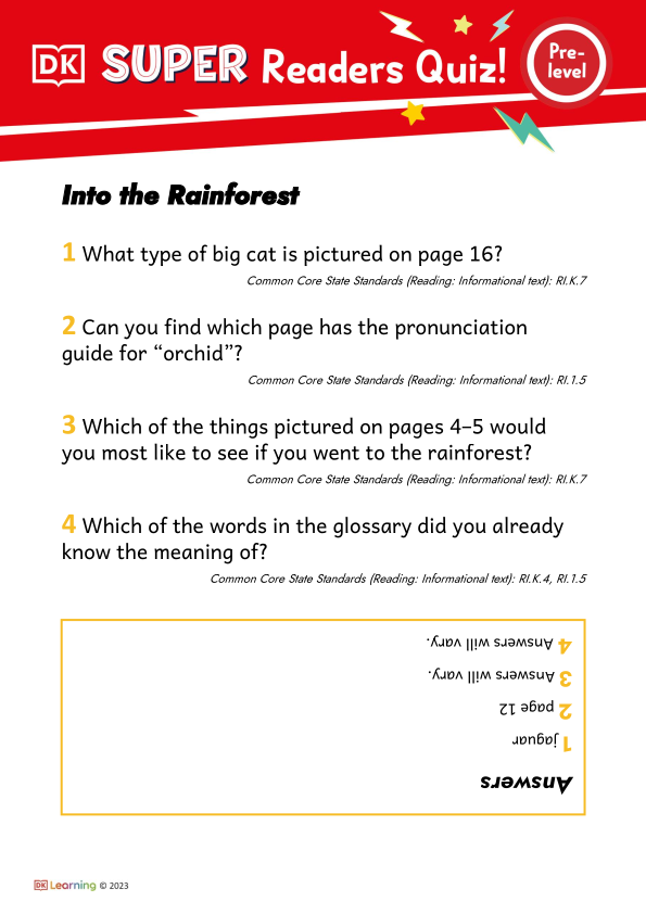 Pre Level Into The Rainforest Comprehension Quiz