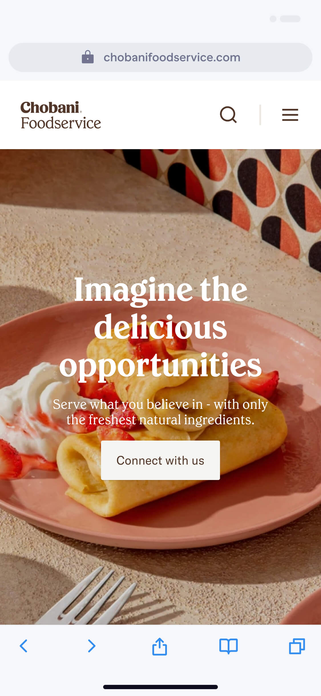 Screenshot from the Chobani Foodservice mobile homepage