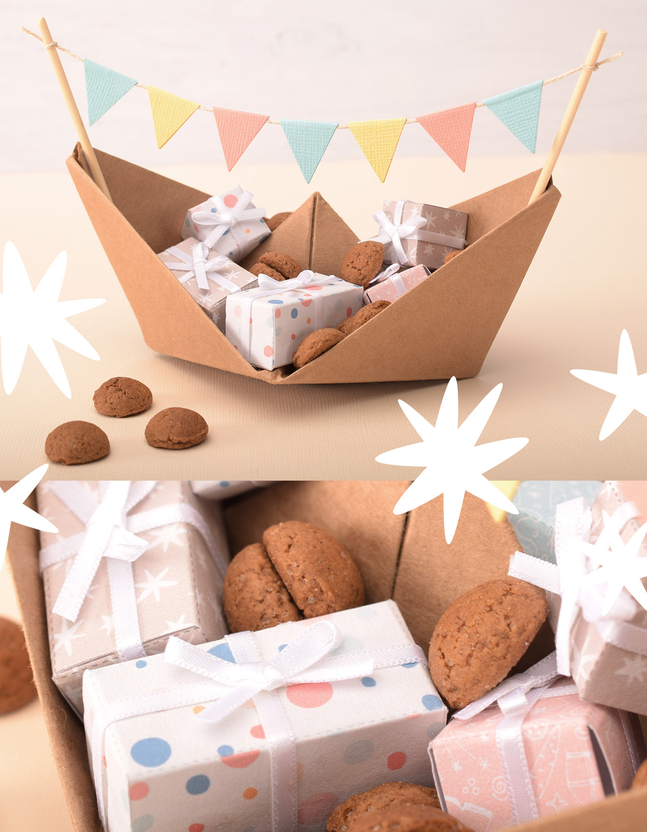 Fertiges festliches Papierboot mit Wimpelkette, Geschenken und Keksen