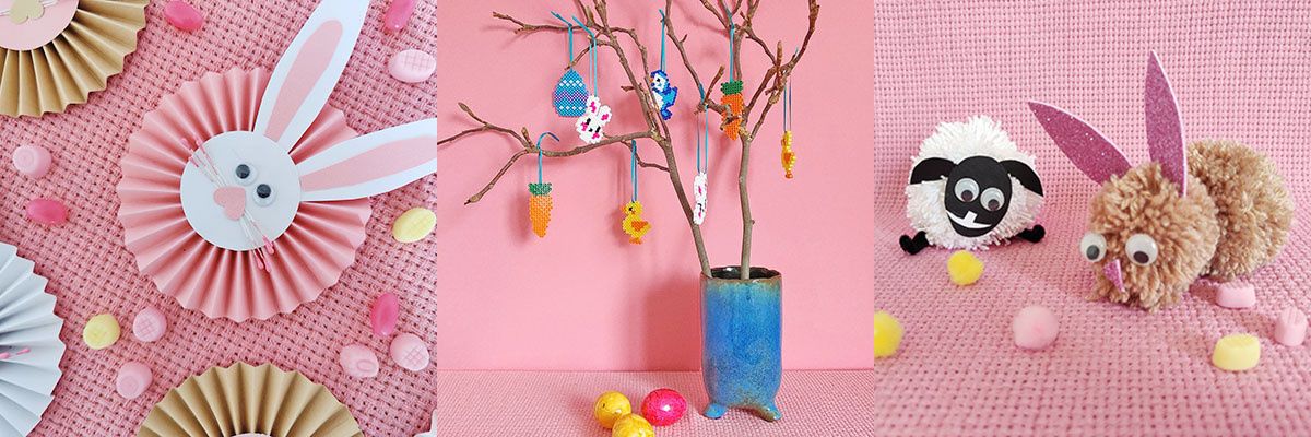 Oster-Bastelideen mit Hasenrosetten aus Papier, Bügelperlen-Anhängern und Pompon-Tieren