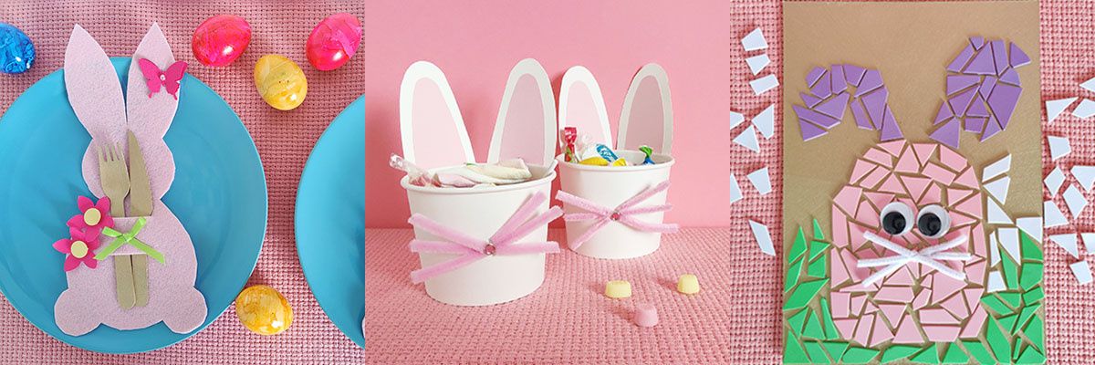 Oster-Tischdekoration mit Hasen-Serviettenhaltern, Papier-Süßigkeitenbechern und Hasen-Mosaik