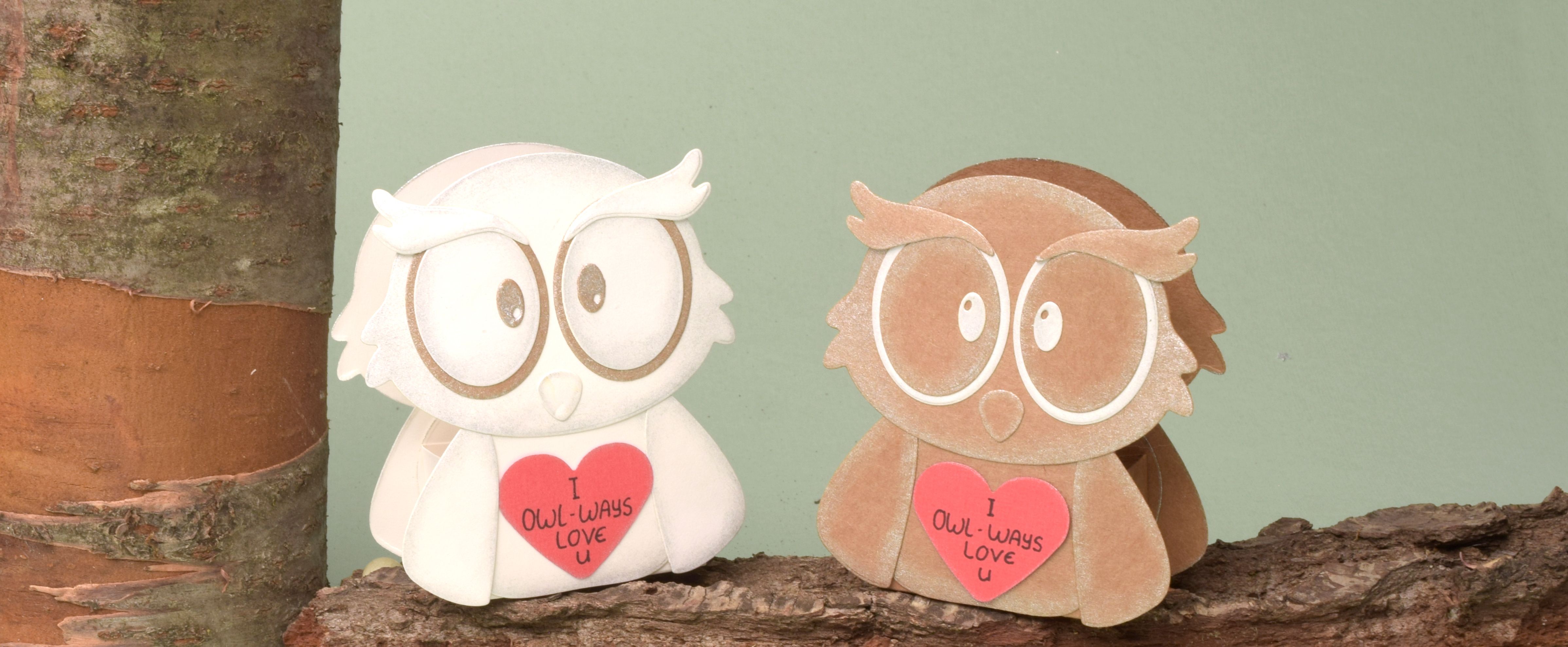 Boîte cadeau en papier en forme de hibou avec un cœur décoratif pour la Saint-Valentin.