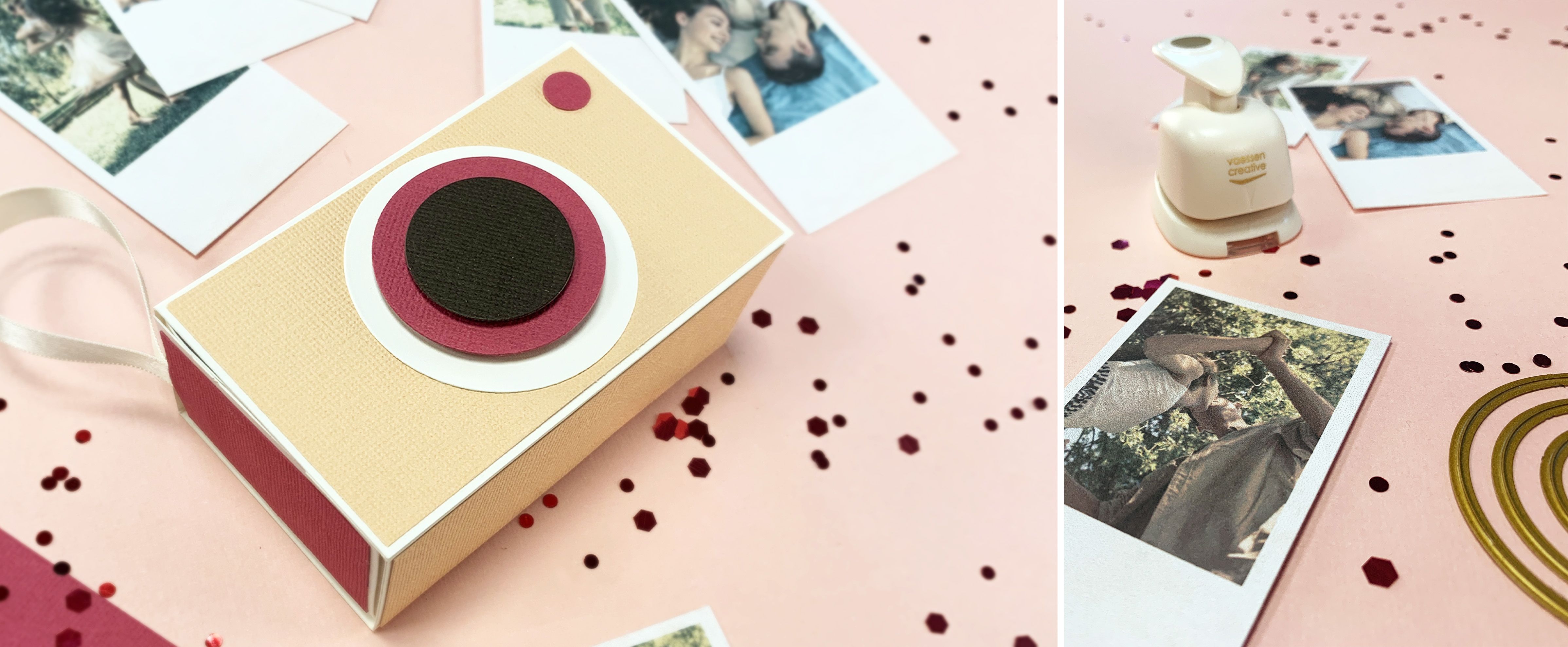 Boîte artisanale en forme d’appareil photo contenant des photos polaroid.