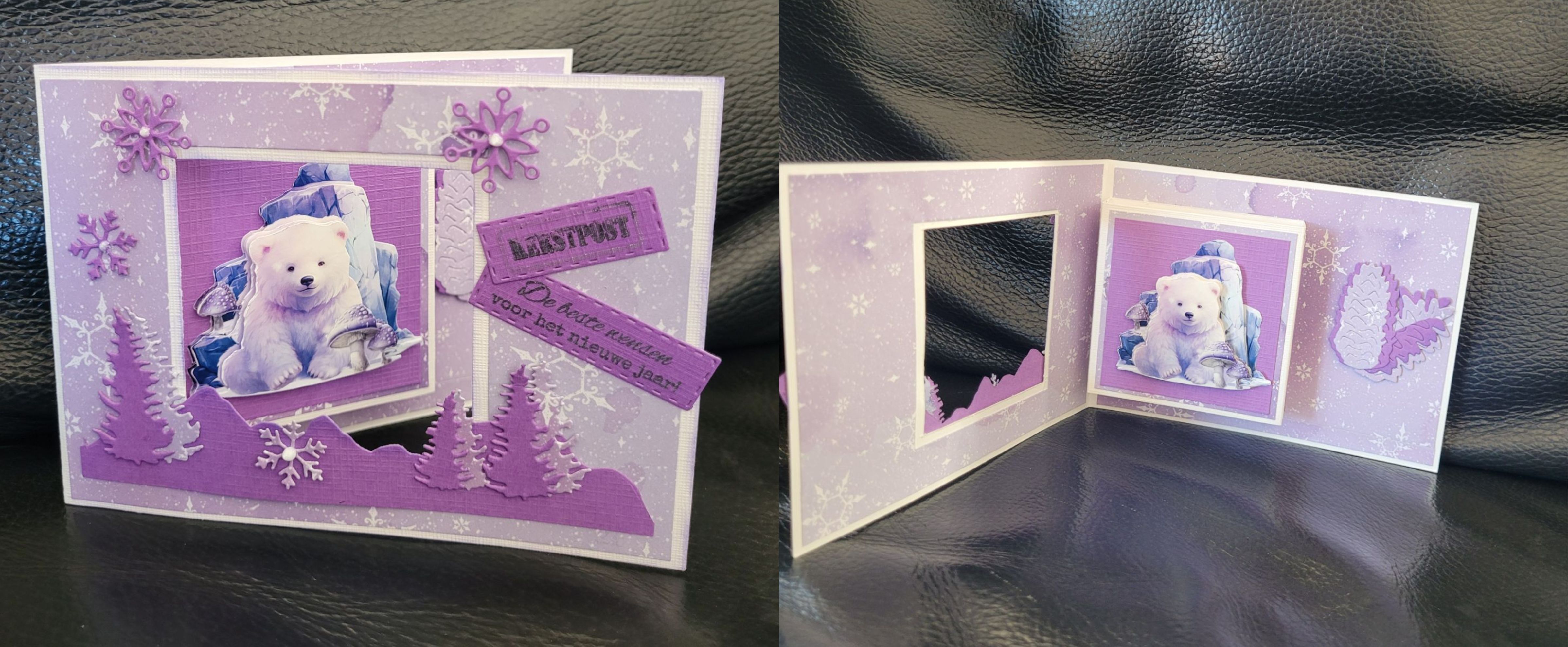 Kerstkaart met schattig ijsbeertje in kader — 3D winterkaart met sneeuwdetails.