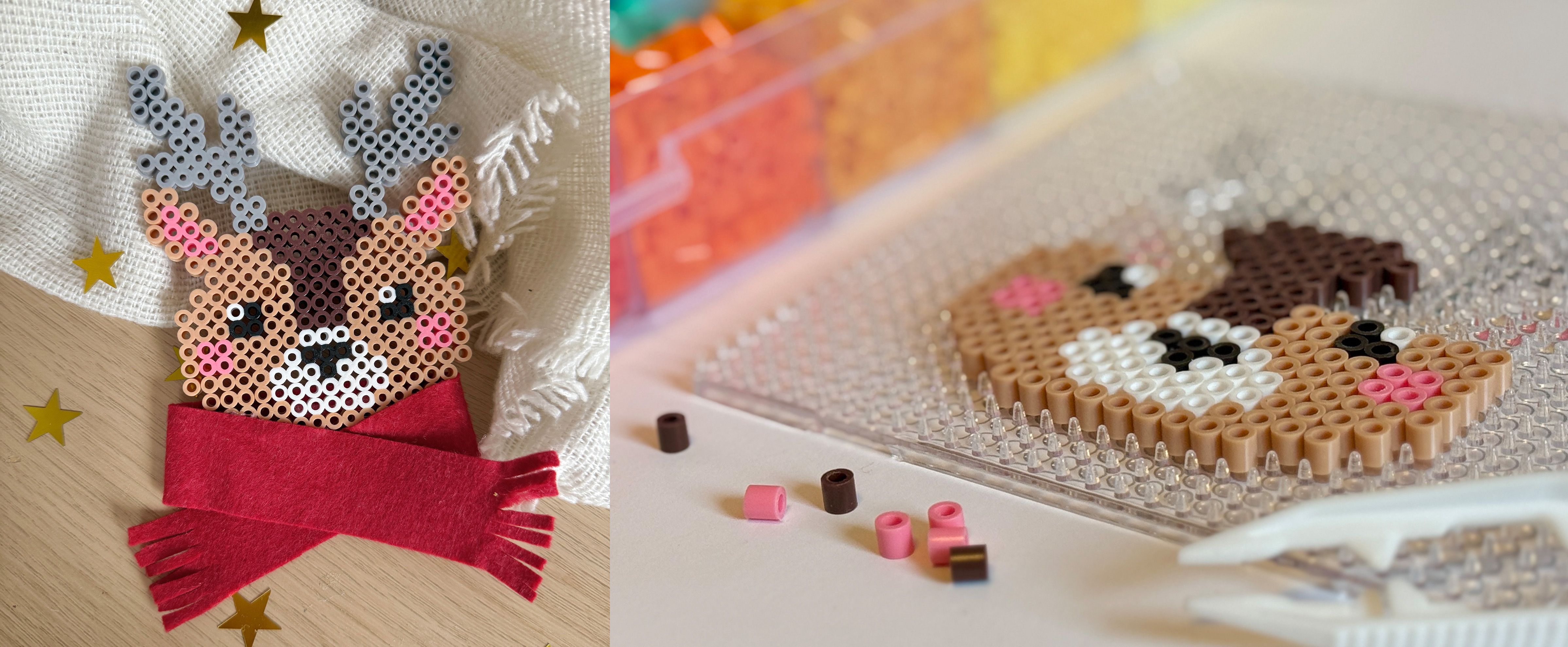 Renna di Natale realizzata con perline da stirare, lavoretto natalizio per bambini.