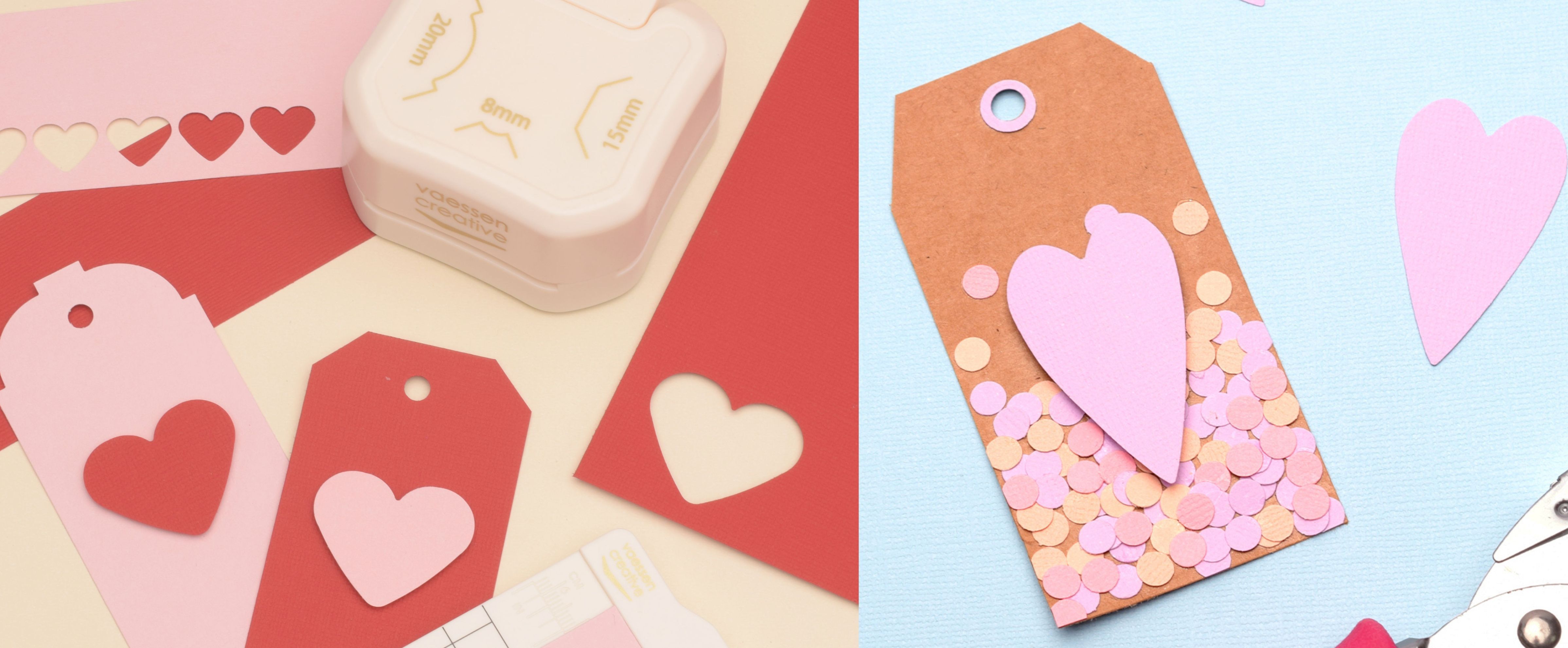 DIY heart-shaped gift tags made with cardstock and a heart punch, shown with confetti and punched shapes.