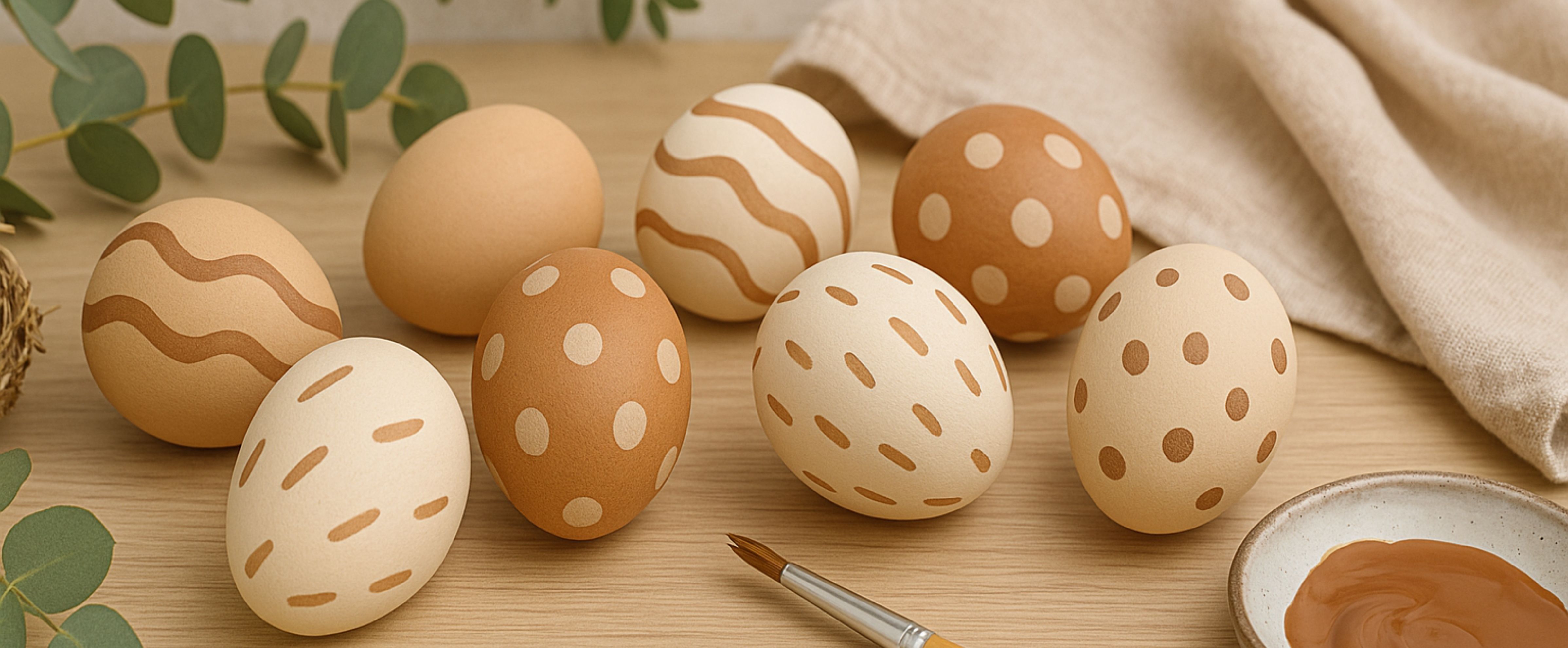 Œufs de Pâques style bohème décorés de tons naturels, de pois et de motifs organiques sur une table en bois.