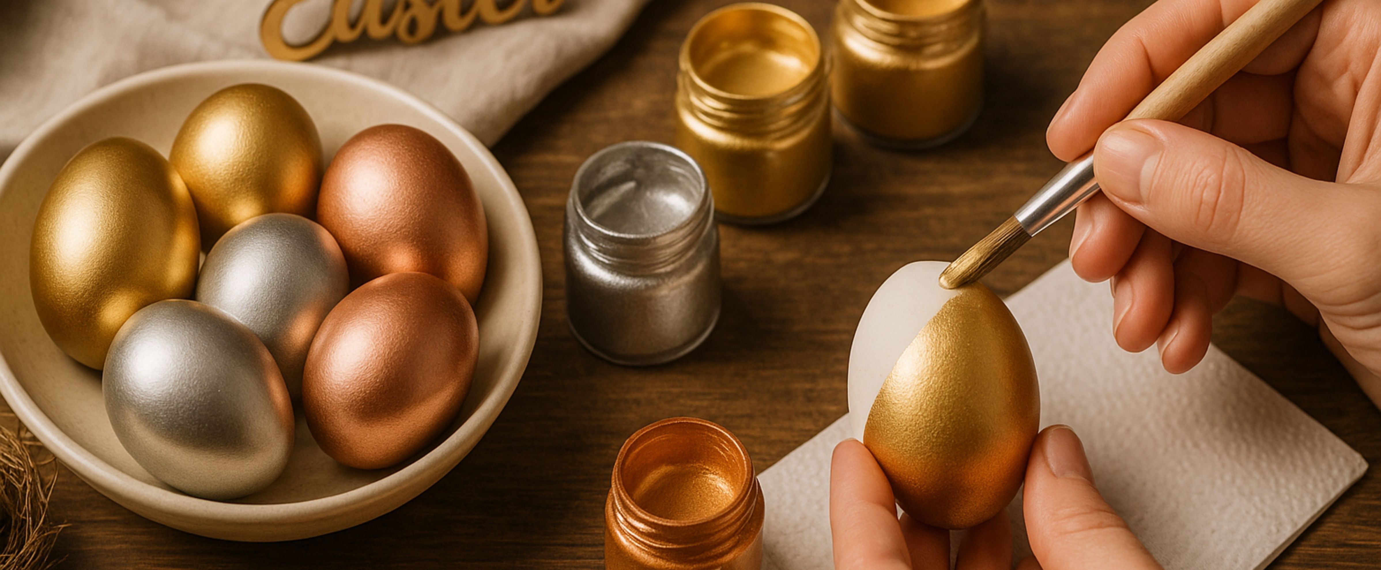 Œufs de Pâques métallisés en or, argent et rose doré, avec une main peignant un nouvel œuf à la peinture métallique.