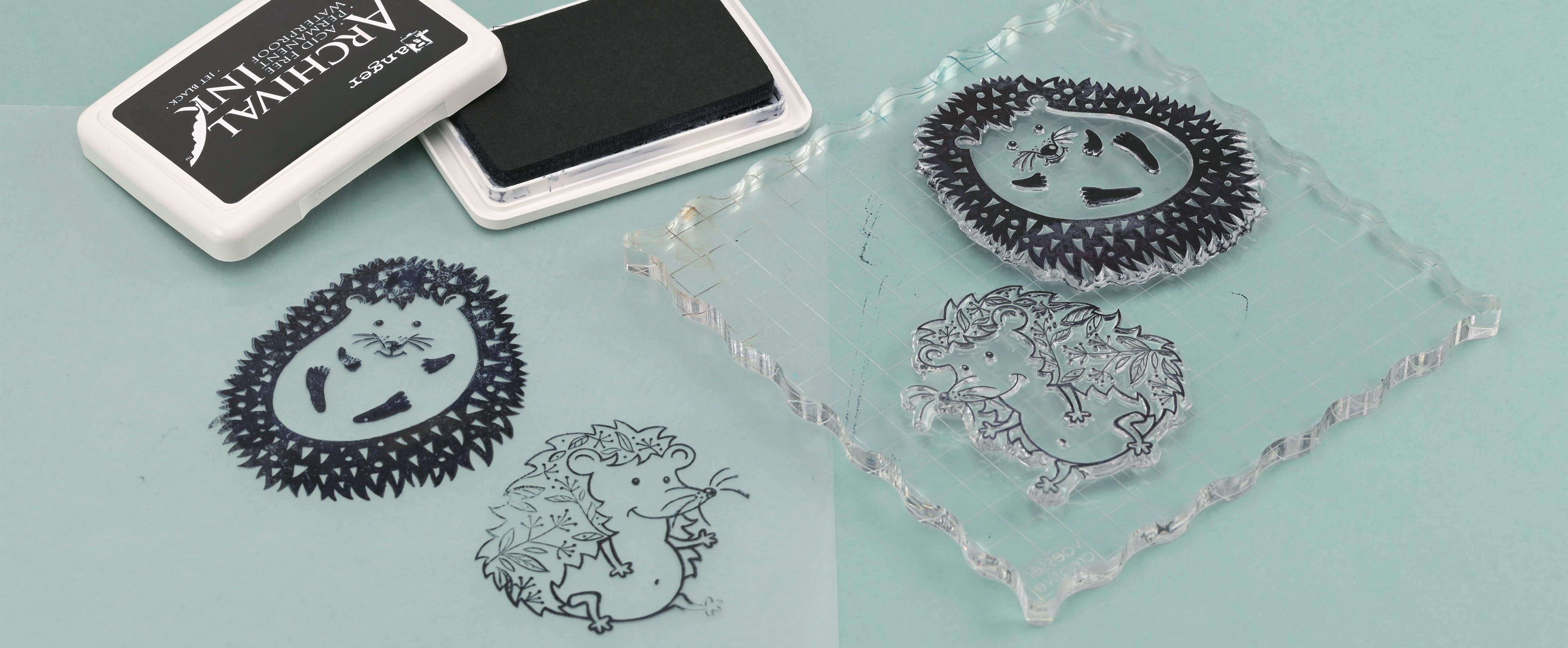Creative stamping with animal clear stamps, black archival ink and acrylic blocks, showing stamped hedgehog illustrations on pastel paper.