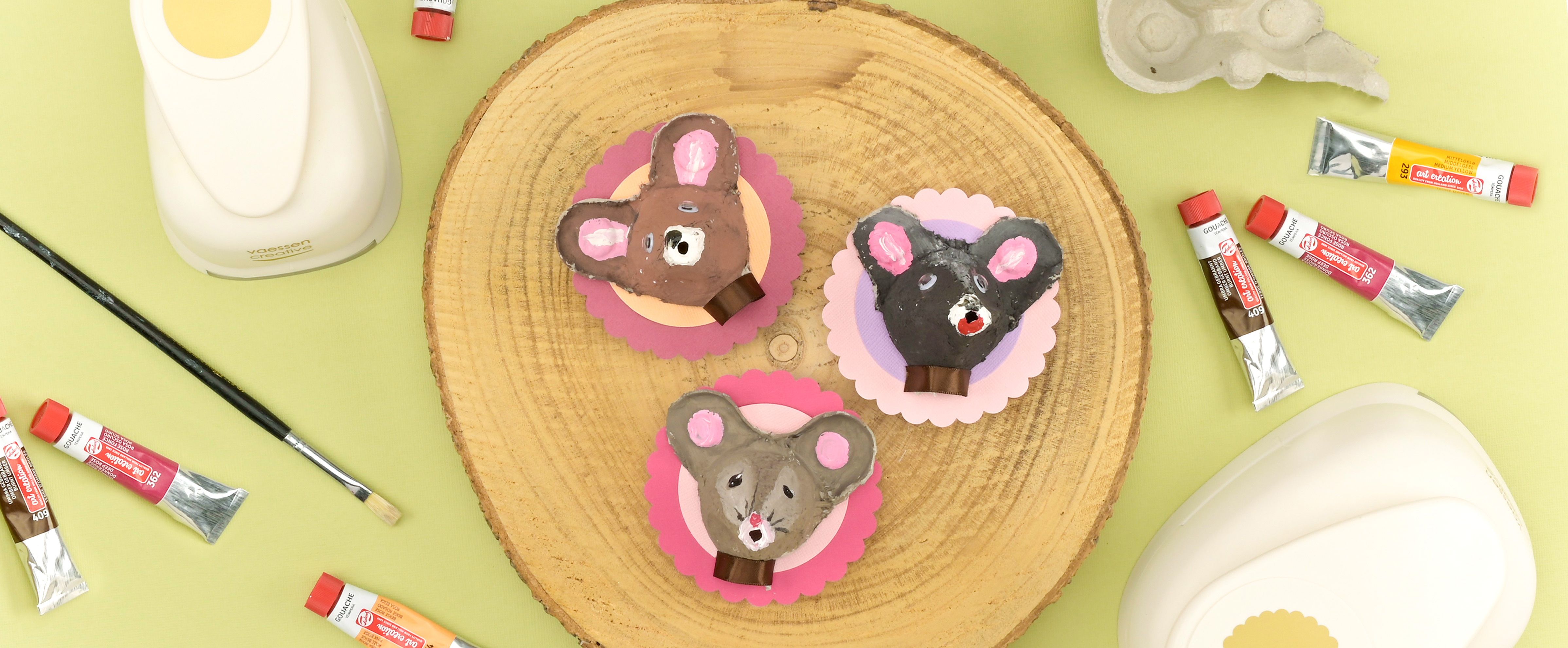 Ratones de papel pintados con gouache para manualidades con pintura para niños
