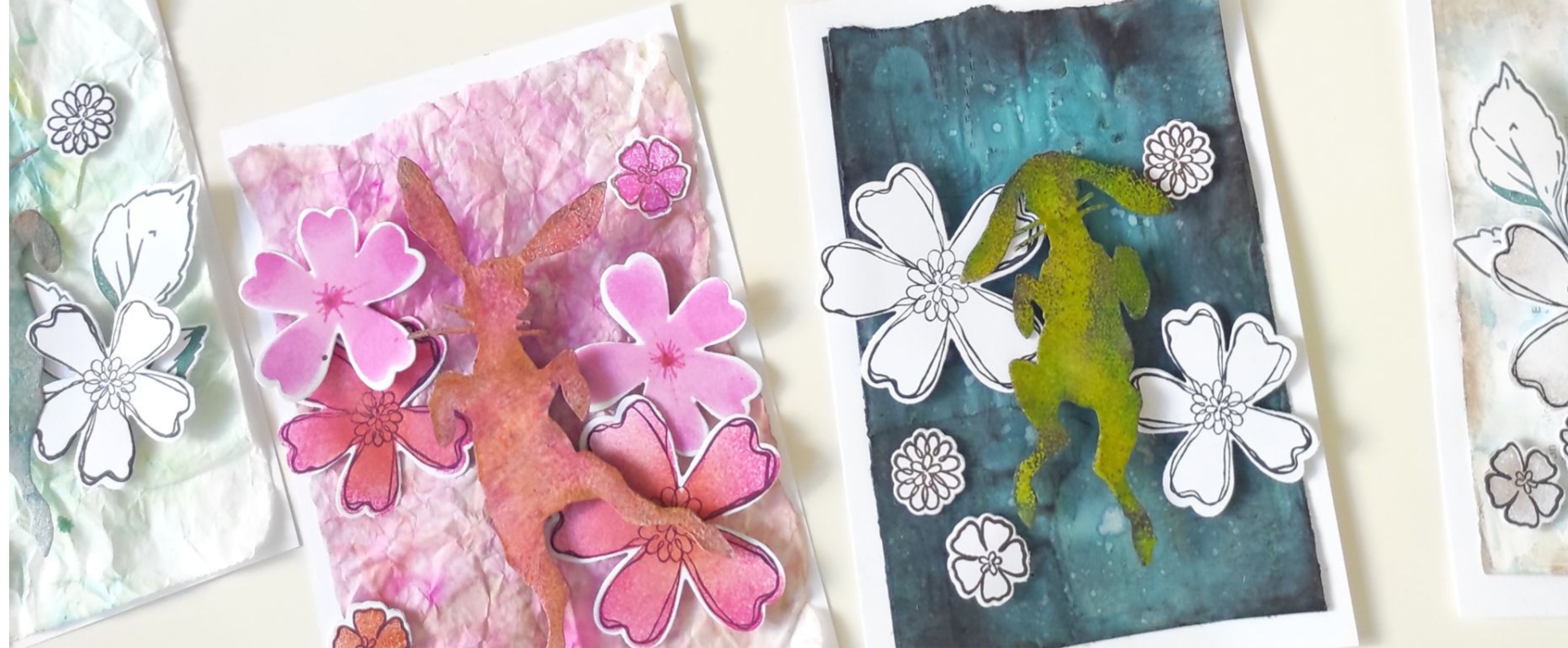 Handmade paper projects with Gel Press backgrounds, flowers and rabbits for cards and mixed media