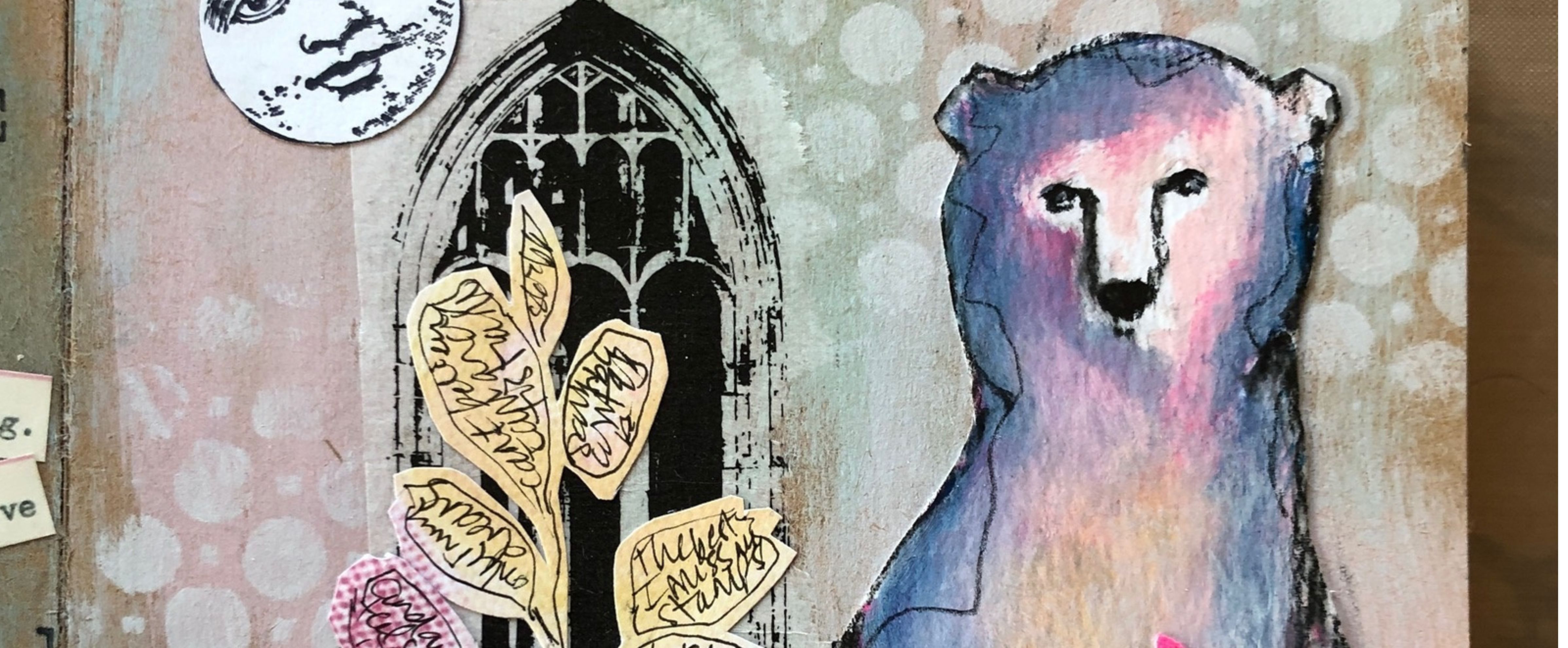 Pagina di art journal mixed media con sfondo Gel Press, livelli collage, dettagli timbrati e orso dipinto