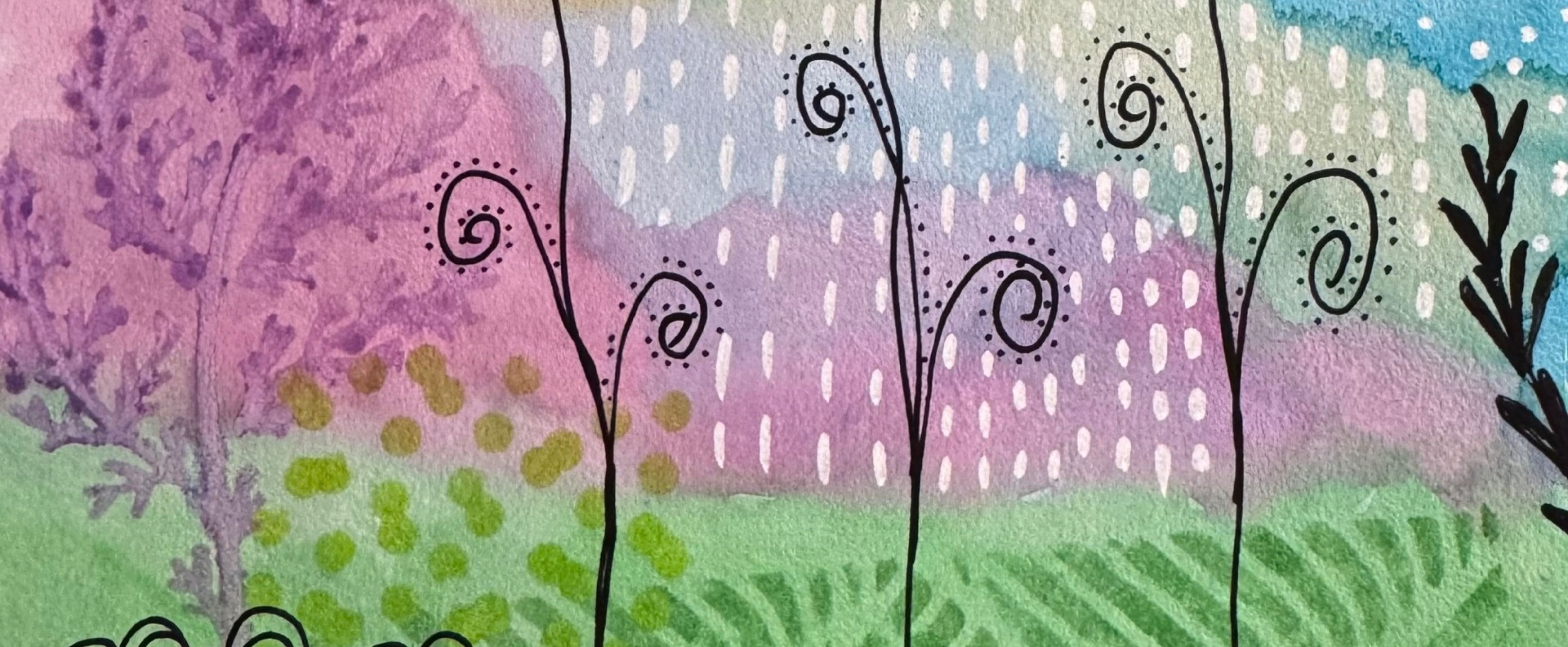 Obra colorida de gel printing con capas, texturas, patrones y detalles en negro