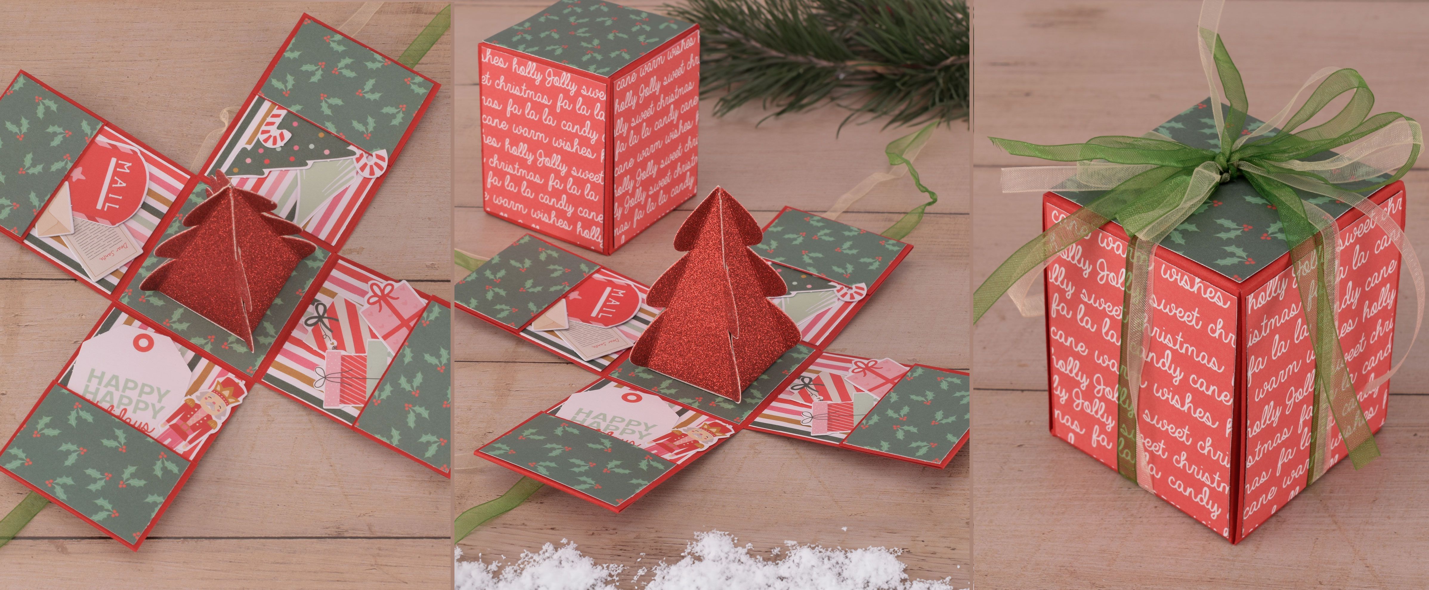 DIY kerstdoosje met een mini-kerstboom erop, versierd met glitter en geschikt voor het verpakken van kleine cadeaus.