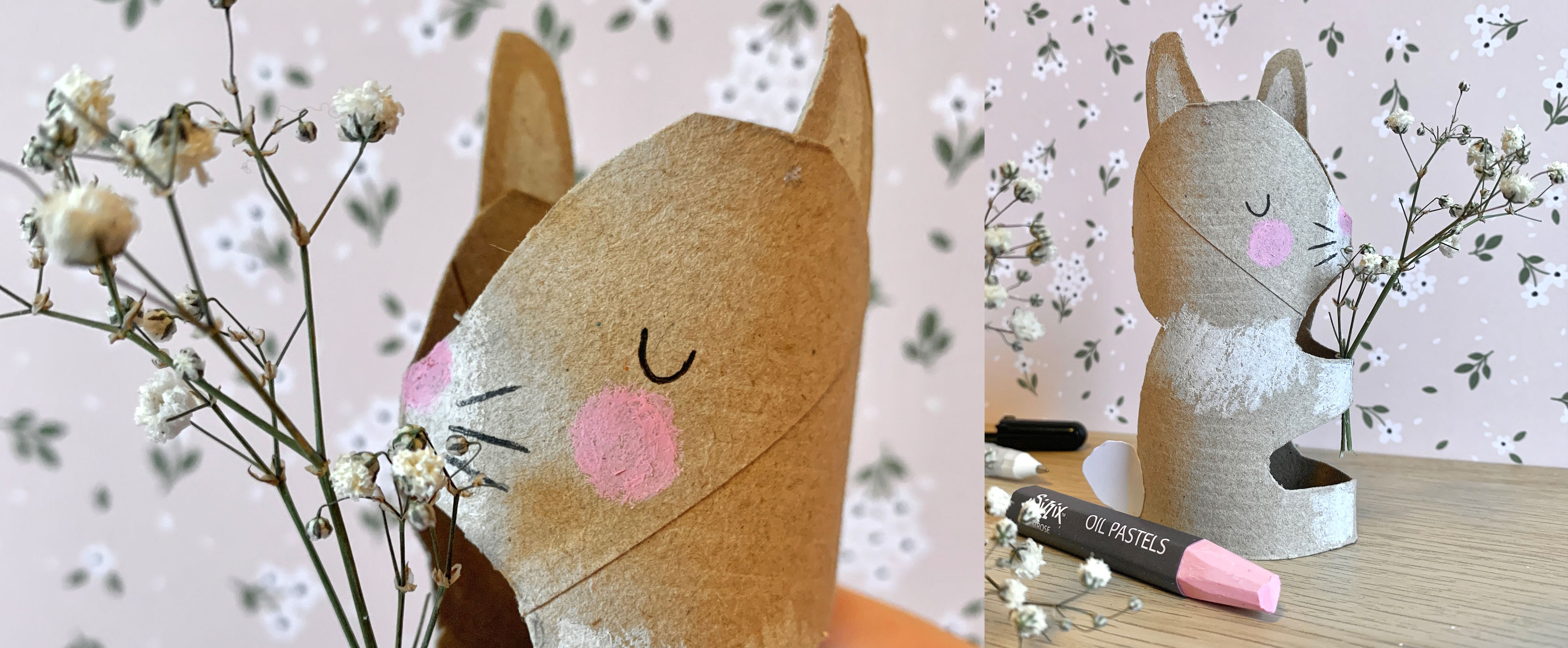 Osterhase aus einer recycelten Toilettenpapierrolle in frühlingshaften Farben