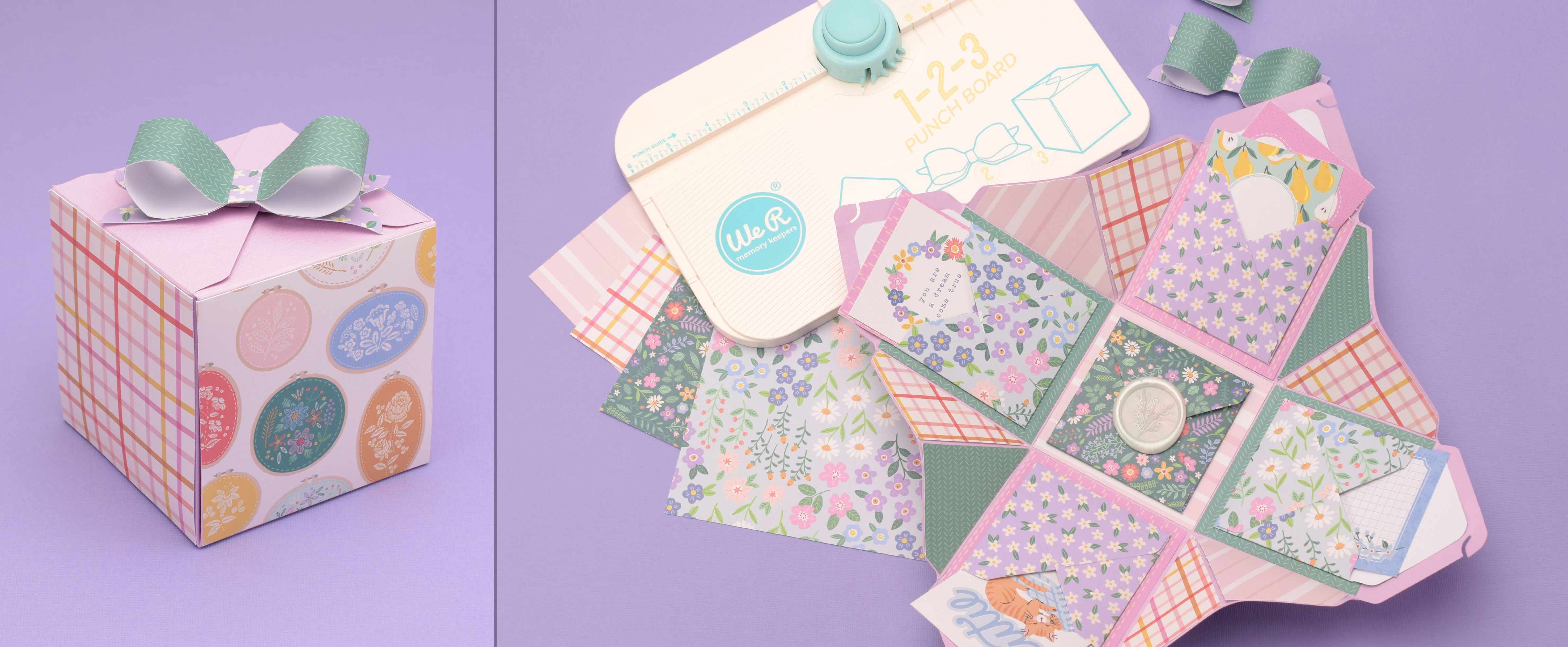 Boîte explosion pastel remplie de photos, messages et souvenirs de Saint-Valentin.