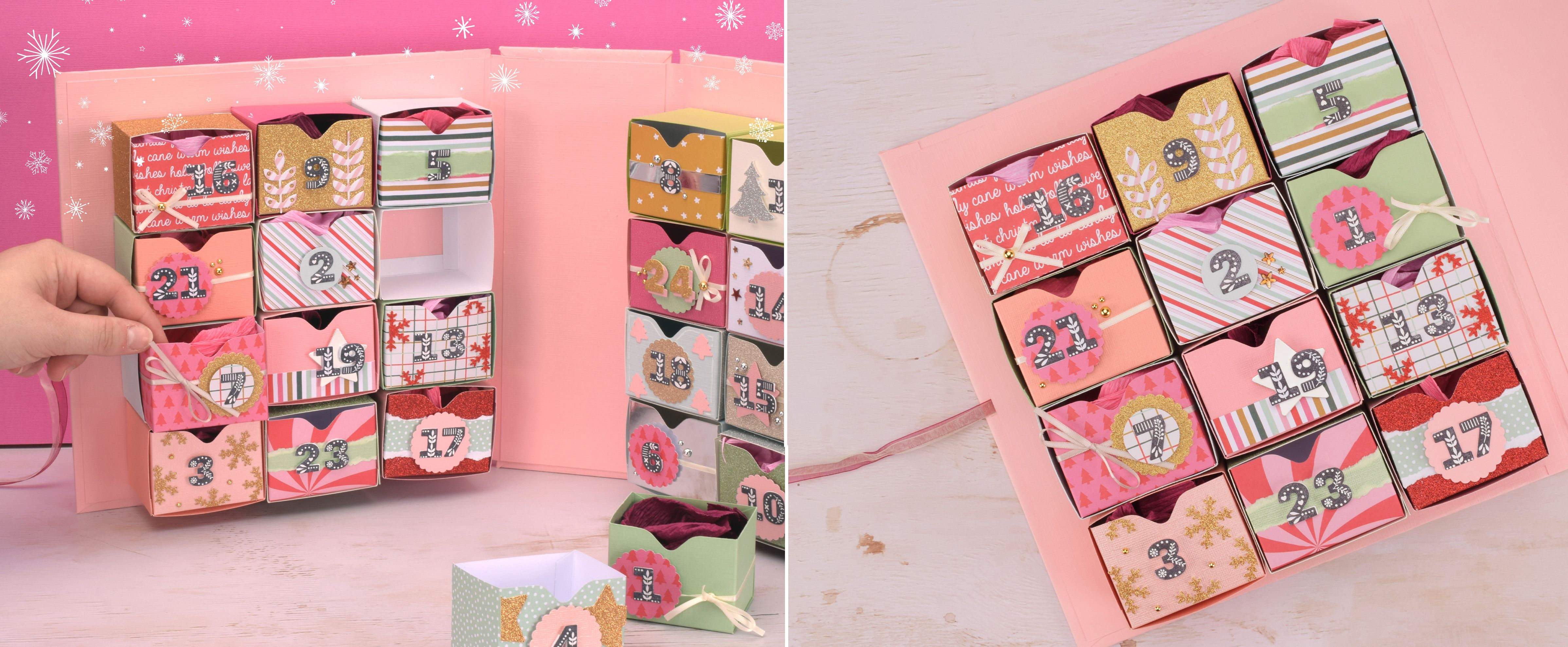 Selbstgemachter Adventskalender aus Papierboxen, Weihnachtsbasteln für Kinder.