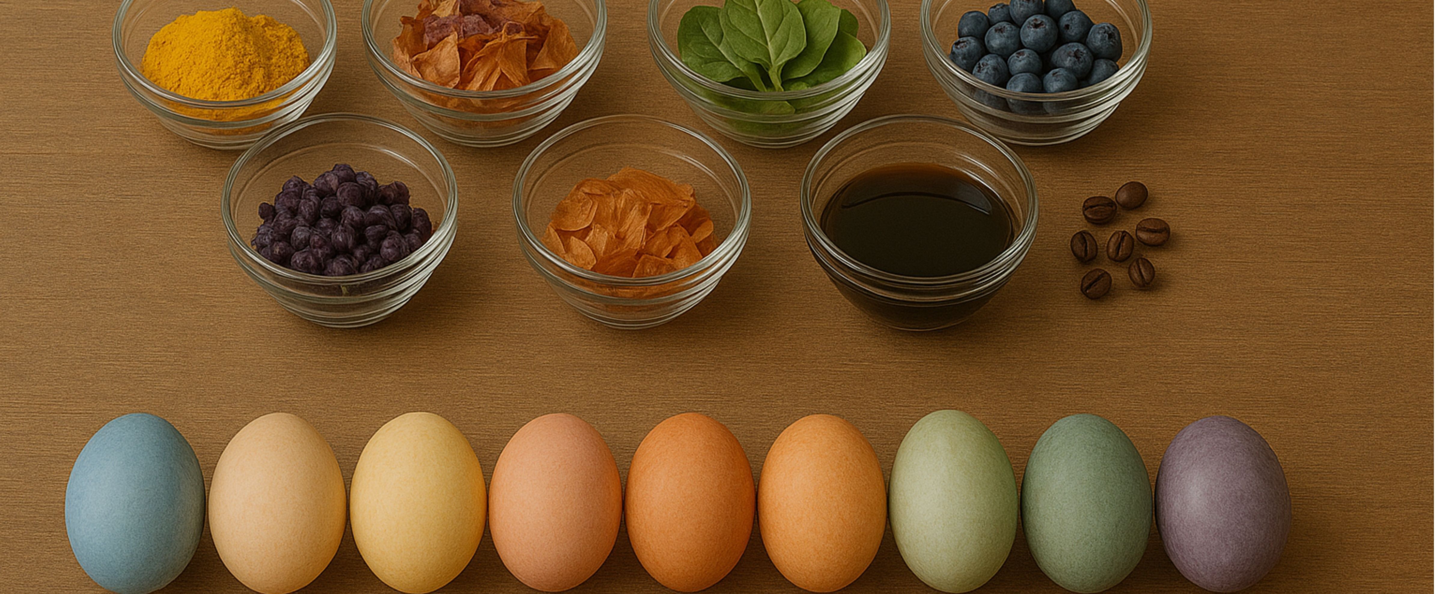 Œufs de Pâques colorés naturellement avec des bols de sources de couleur comme le curcuma, les pelures d’oignon, les épinards, les myrtilles et le café.