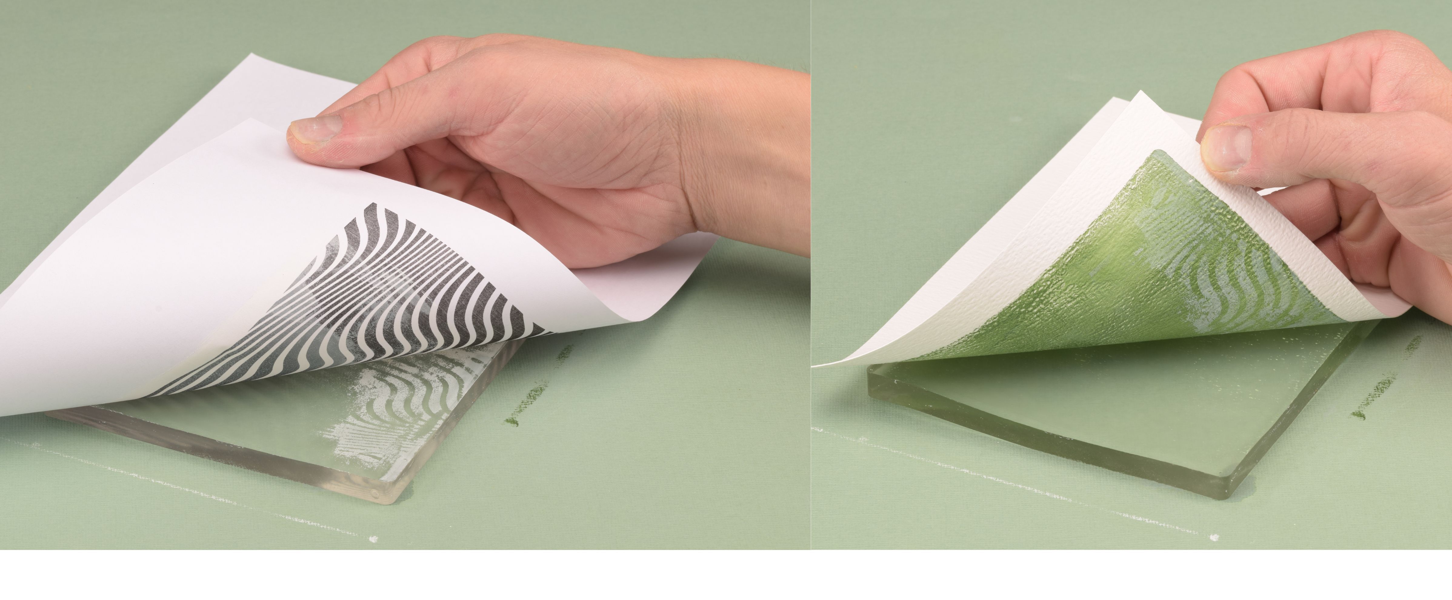 Paper lifted from a Gel Press plate with stencil pattern and green gel printing print for beginners