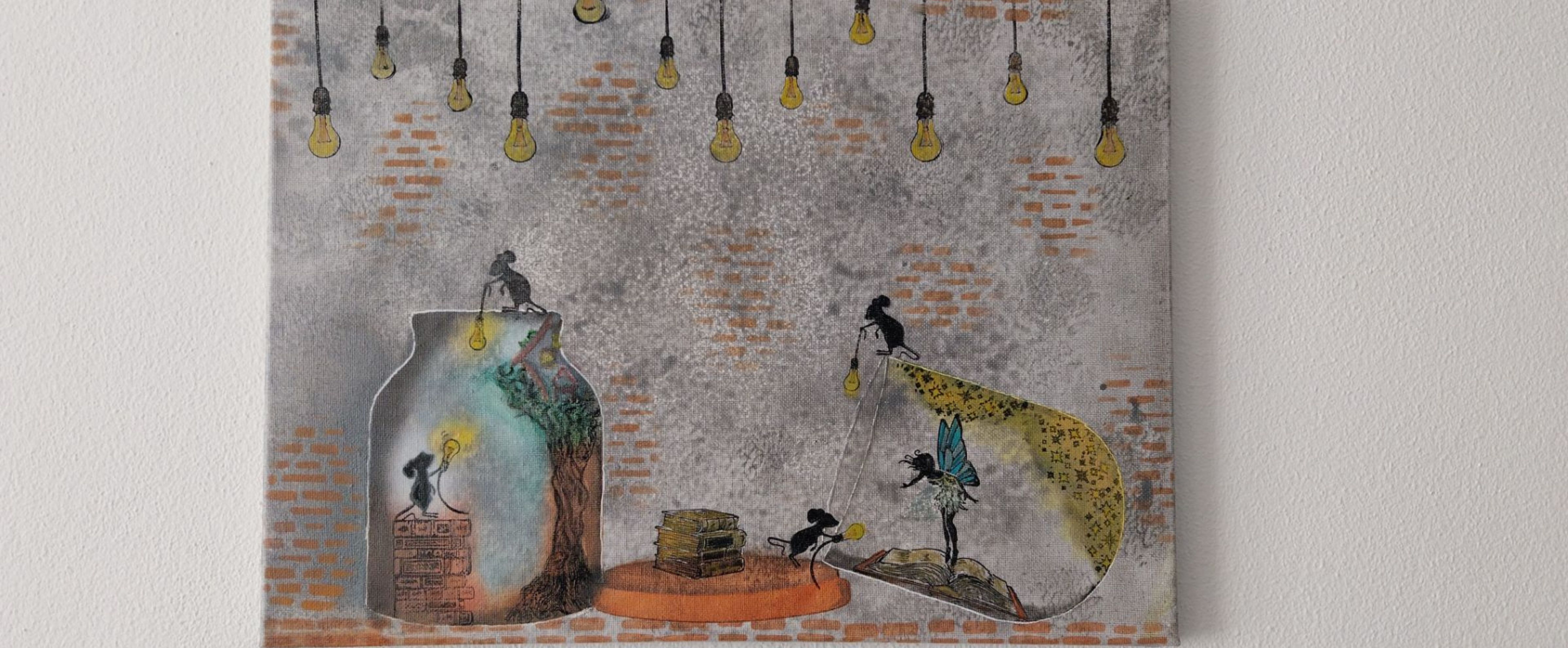 Mixed media artwork with Gel Press background, hanging lights, brick stencil texture and illustrated details