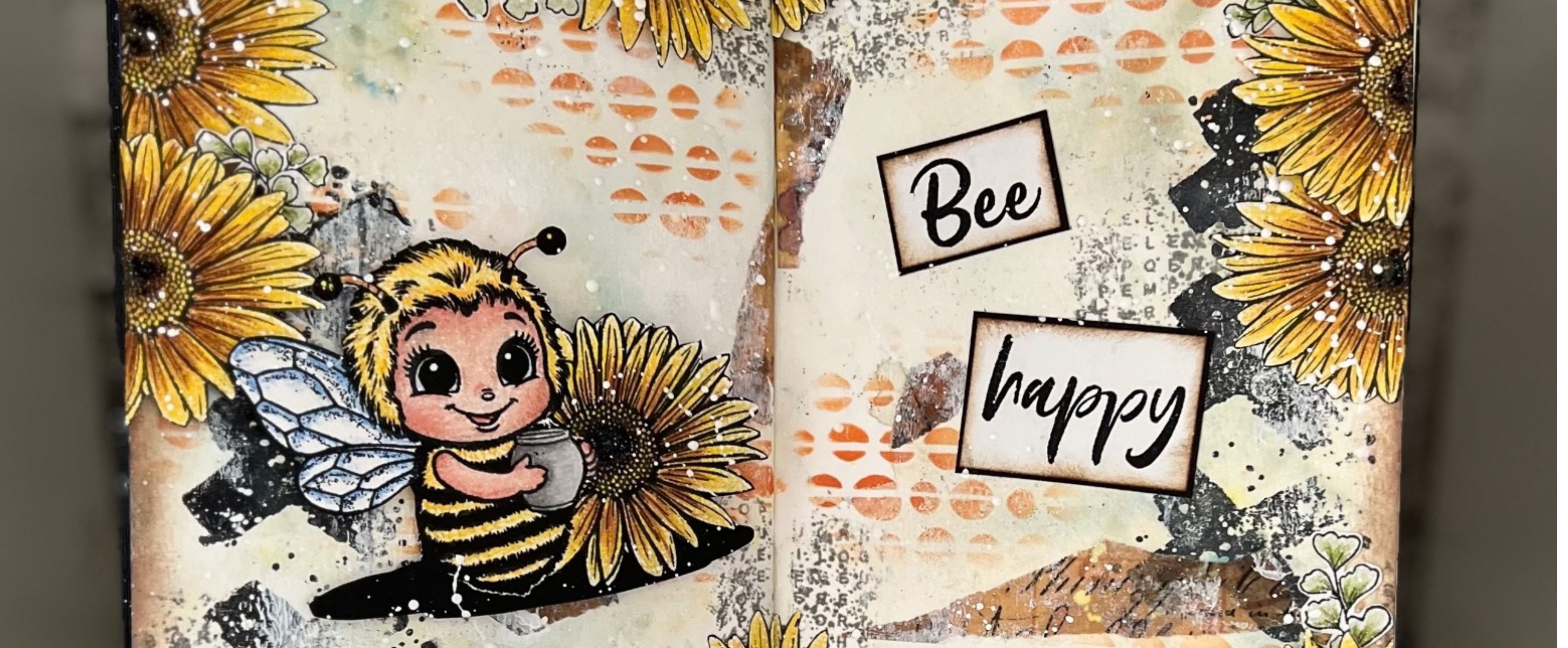 Art journal spread with a bee, flowers and layered Gel Press backgrounds