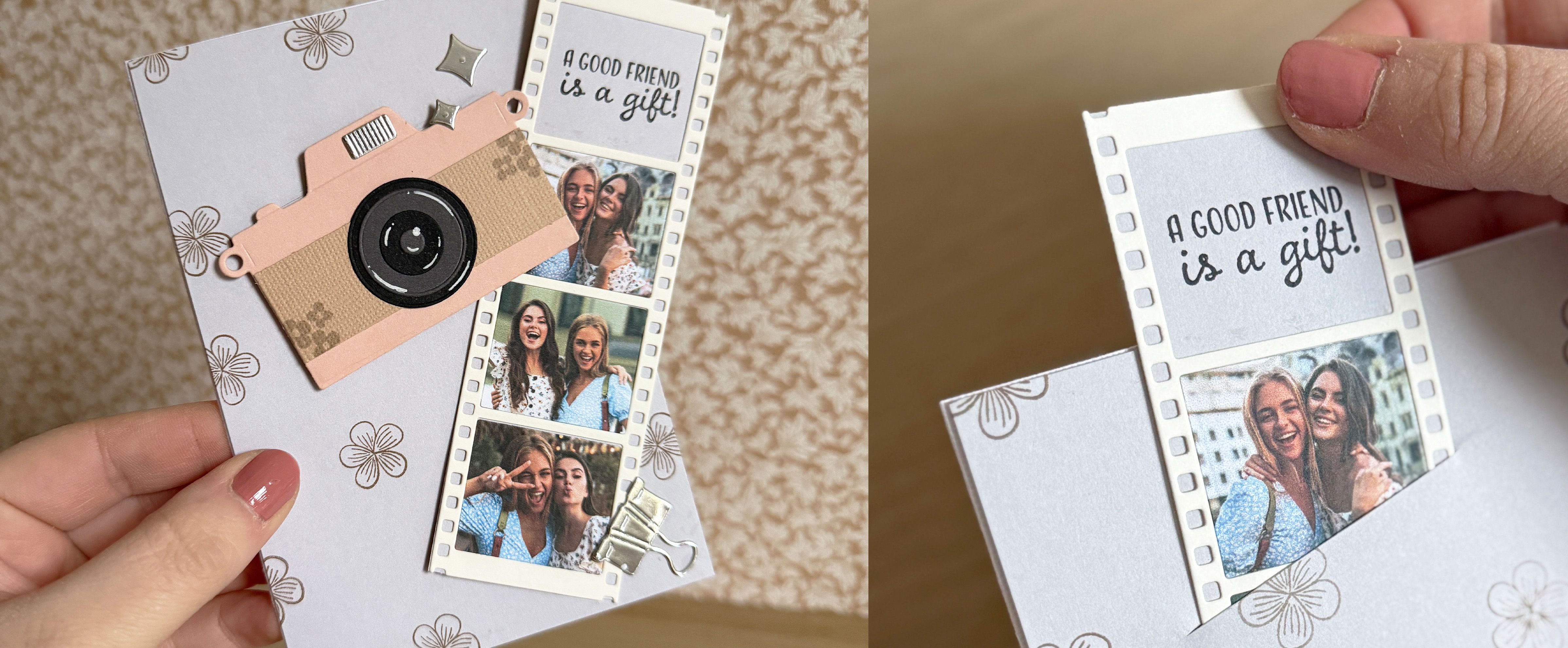 Carte de la Fête des Mères avec appareil photo en papier et bande photo coulissante personnalisée.