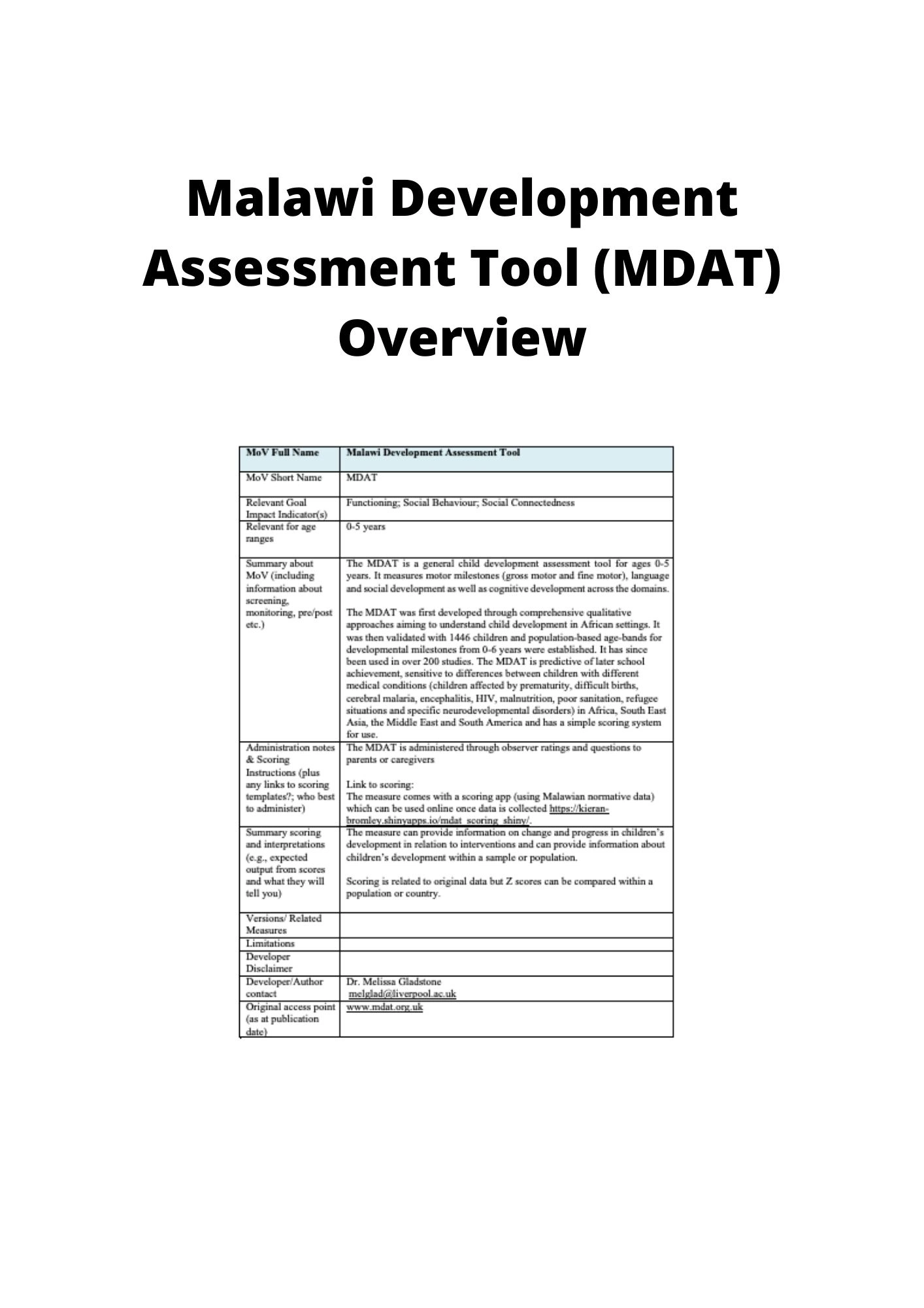 MALAWI DEVELOPMENT ASSESSMENT TOOL (MDAT) OVERVIEW - IASC MHPSS M&E ...