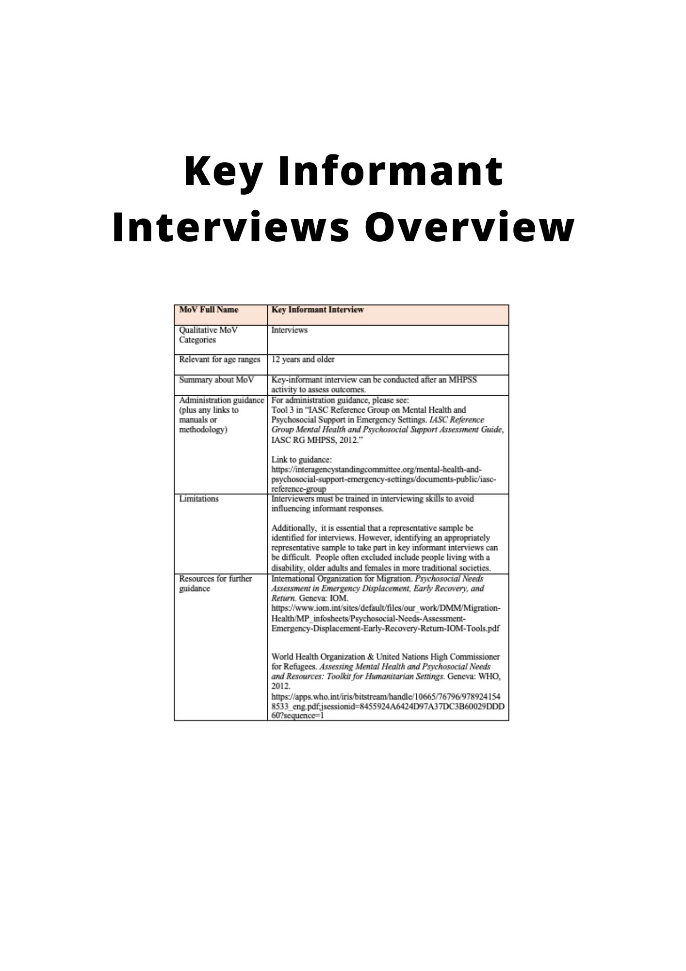 KEY INFORMANT INTERVIEWS OVERVIEW - IASC MHPSS M&E FRAMEWORK MOV ...