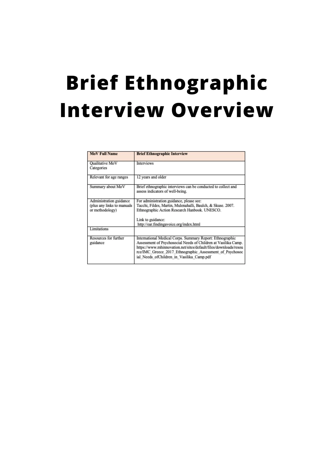 BRIEF ETHNOGRAPHIC INTERVIEW OVERVIEW - IASC MHPSS M&E FRAMEWORK MOV ...