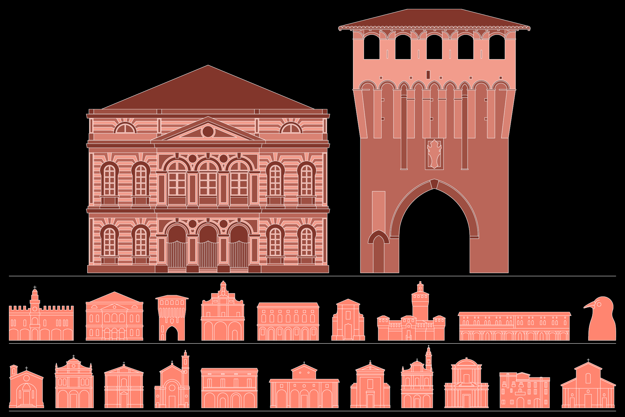 Comune di Cento, proposta di segnaletica per il centro storico, illustrazioni