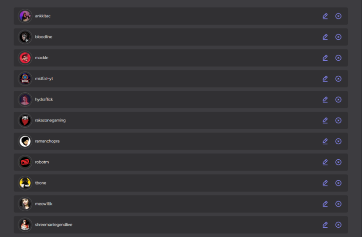 An image showing list of The Esports Club's streamers