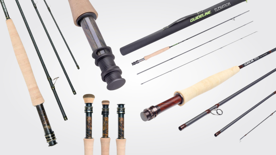 Eine Auswahl an hochwertigen Fliegenruten für verschiedene Schnurklassen, präsentiert in einem Produkt-Kollage.png