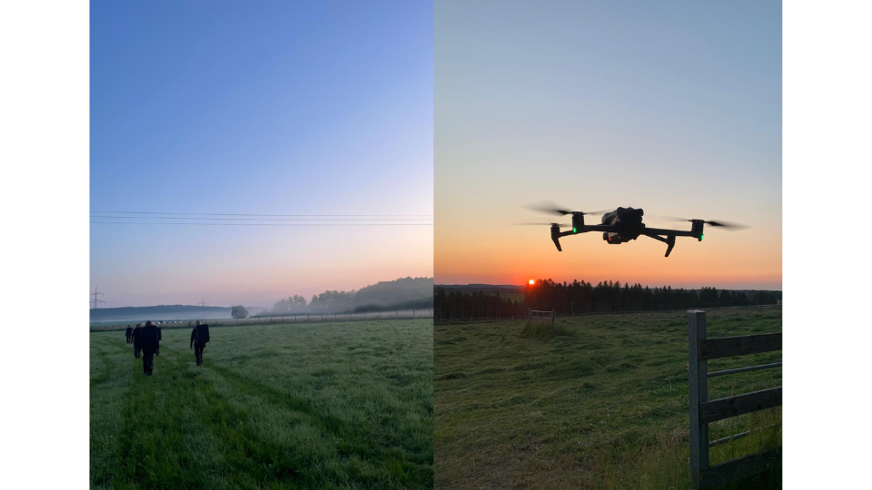 Ein Kitzretter-Team steht bei Sonnenaufgang am frühen Morgen mit der Drohnenausrüstung auf einer grünen Wiese.Die DJI Matrice 4 Thermal Drohne fliegt vor dem Hintergrund einer tief stehenden Abendsonne über ein Feld.png