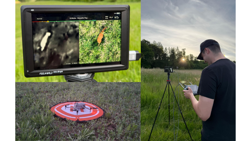 Der helle Bildschirm der Fernsteuerung zeigt das detaillierte Wärmebild einer Wiese, während die DJI Matrice 4 Drohne startbereit auf ihrer orangefarbenen Landeplattform steht und von einem Mann mit dem Rücken zur Kamera gesteuert wird.png