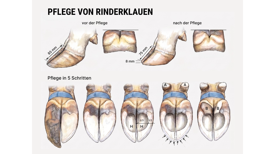Infografik Pflege von Rinderklauen in zwei Reihen. Oben ein Vorher-Nachher-Vergleich einer Kuhklaue, unten eine illustrierte Anleitung in fünf Schritten.png