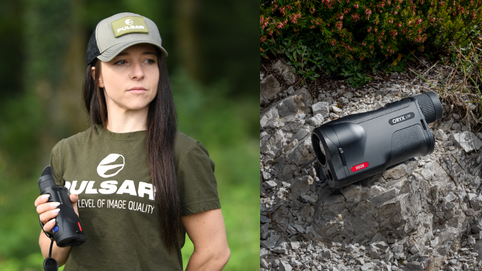 Ein Collage-Bild zeigt links die Jägerin Kim mit dem Gerät im Wald och rechts das Pulsar Oryx LRF XG35 auf felsigem Untergrund mit Pflanzen.png