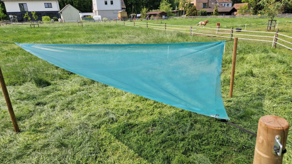 Flexibler Weideunterstand im Sommer. Ein dreieckiges, grünes Sonnensegel schützt den Weidebereich vor intensiver Sonneneinstrahlung.png