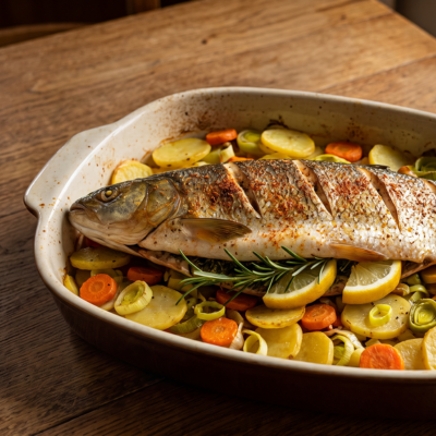 Gefüllter Karpfen (oder Alet) aus dem Ofen. Der ganze Fisch liegt auf einem Gemüsebett aus Kartoffeln, Karotten und Lauch in einer Backform.png