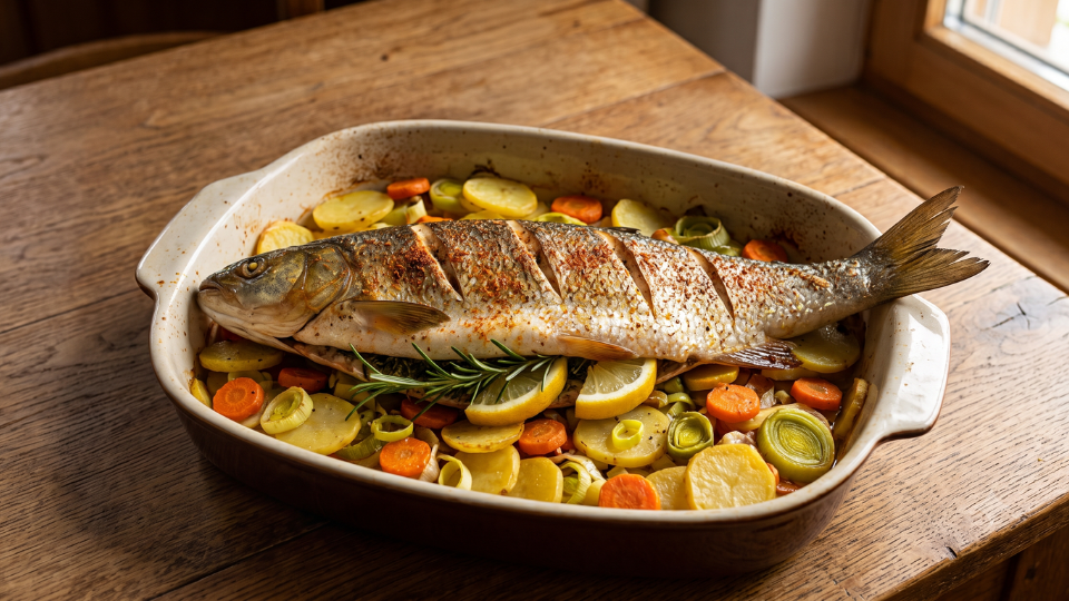 Gefüllter Karpfen (oder Alet) aus dem Ofen. Der ganze Fisch liegt auf einem Gemüsebett aus Kartoffeln, Karotten und Lauch in einer Backform.png