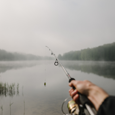 Ultralight-Angeln auf Barsch am frühen Morgen. Ein Angler hält eine feine UL-Rute über einen spiegelglatten, von Nebel umgebenen See im Hochsommer.png