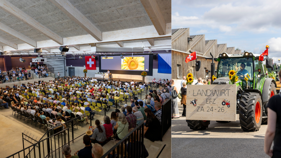 Eine zusammengesetzte Grafik der Strickhof-Diplomfeier. Links eine volle Halle mit Gästen und einer Bühne mit Schweizer Fahnen; rechts ein festlich mit Sonnenblumen geschmückter Traktor mit einem 'Landwirt EFZ'-Schild.png