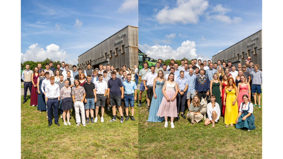Zwei-Bilder-Collage. Strahlende Strickhof-Absolventinnen und -Absolventen auf einer grünen Wiese vor der Schule bei sonnigem Wetter.png
