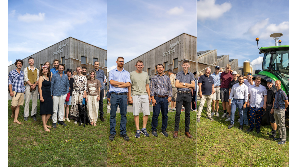 Drei-Bilder-Collage. Glückliche Absolventengruppen des Strickhofs feiern ihren Abschluss im Sommer auf dem Rasen mit dem Schulgebäude im Hintergrund.png
