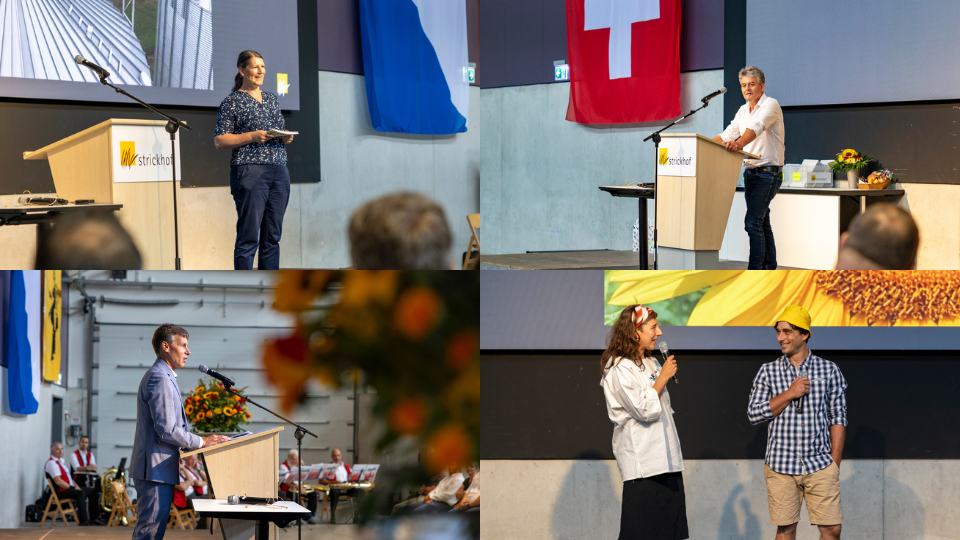 Vierteiliges Collage-Bild, das verschiedene Rednerinnen und Redner während der Strickhof-Diplomfeier auf der Bühne zeigt. Die Aufnahmen fangen die Feierstimmung und die Vielfalt der Festreden ein.png