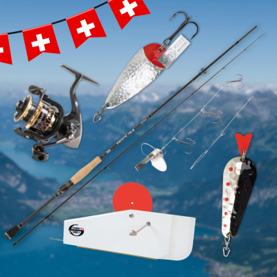 Stucki Thun Angelausrüstung wie Mozzi Löffel, EGB Blinker, XAVI Schleppsystem und Rute vor dem Thunersee mit Schweizer Wimpelkette zum 1. August.png