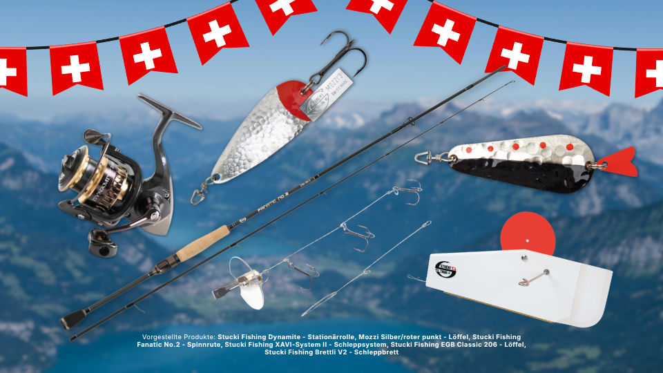 Stucki Thun Angelausrüstung wie Mozzi Löffel, EGB Blinker, XAVI Schleppsystem und Rute vor dem Thunersee mit Schweizer Wimpelkette zum 1. August.png