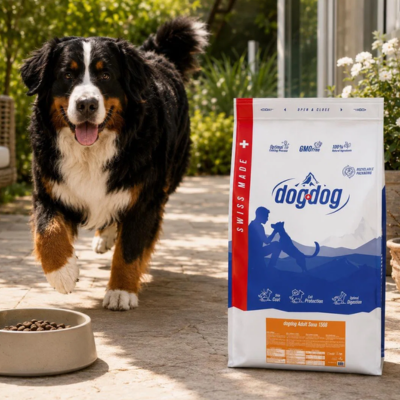 Berner Sennenhund läuft im Garten zu seinem Futternapf neben einer Packung dogdog® Schweizer Trockenfutter.png