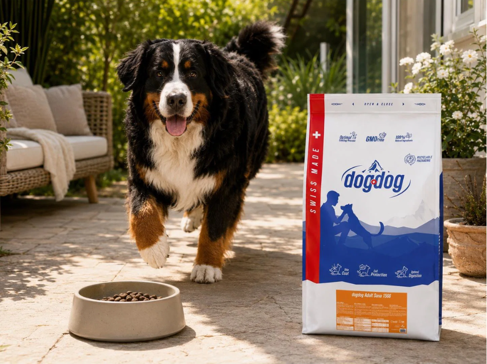 Berner Sennenhund läuft im Garten zu seinem Futternapf neben einer Packung dogdog® Schweizer Trockenfutter.png