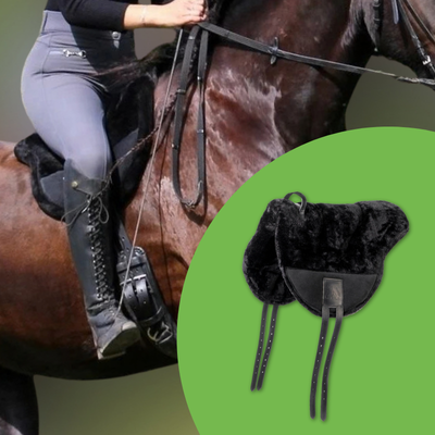 Reiterin auf braunem Pferd mit schwarzem F.R.A. BISCO Reitpad mit Lammfell und Griff sowie Nahaufnahme des Reitkissens.png